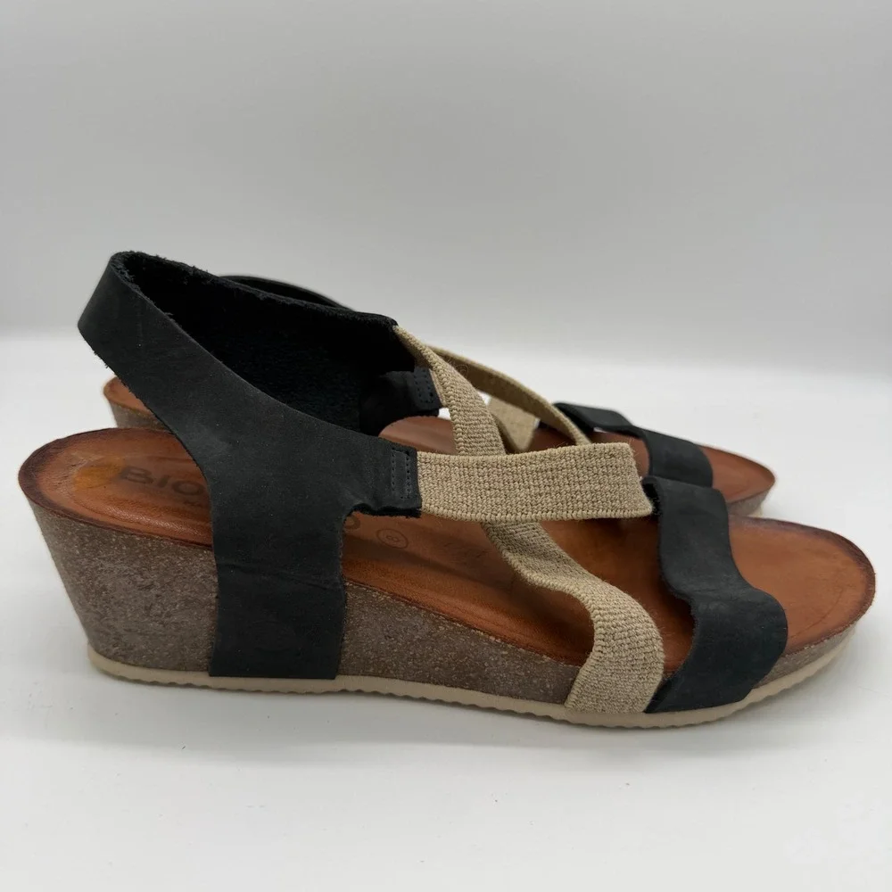 Bio Bio Leather Fabric Wedge Sandals Black Tan Strappy Cork 8 BIO 201-77634